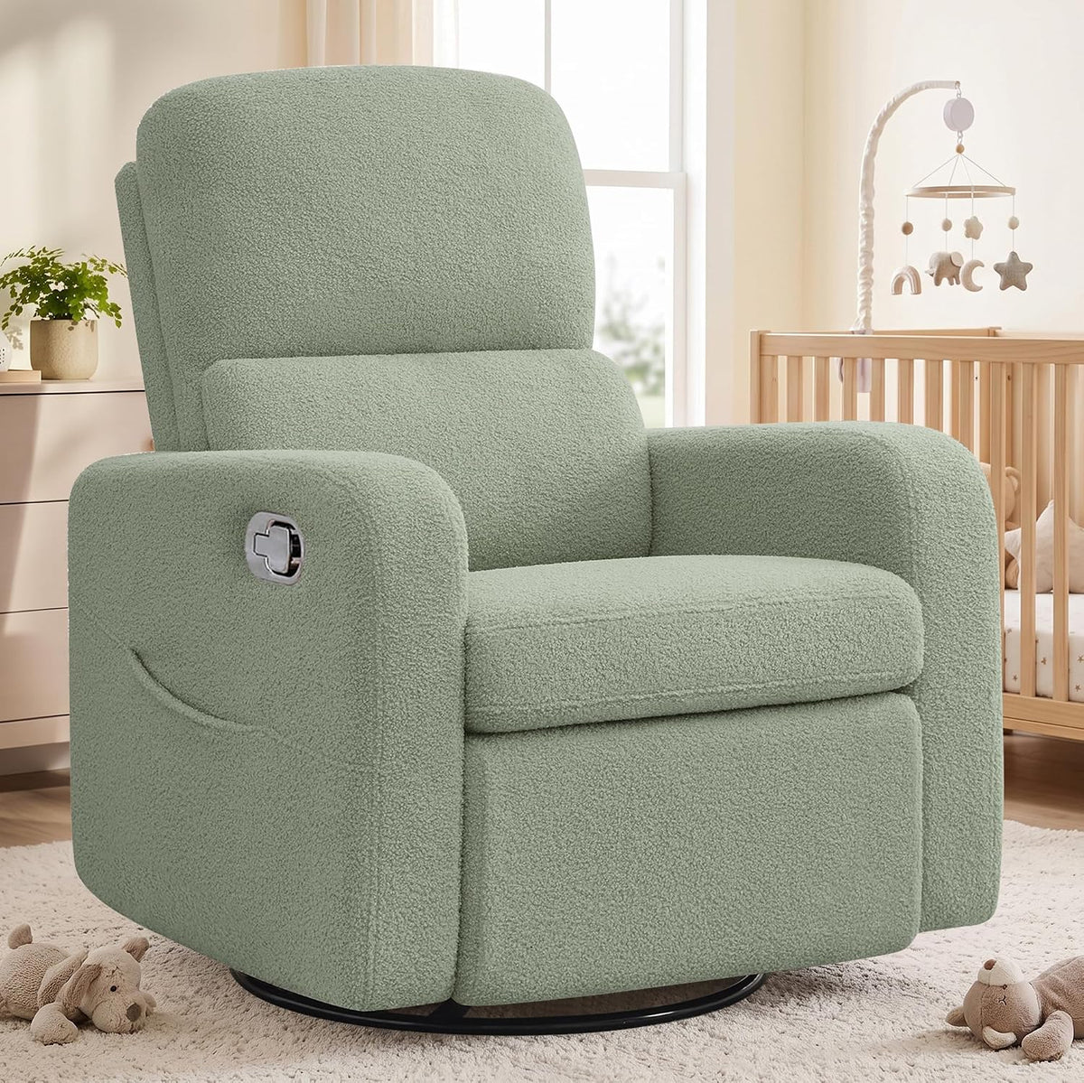 Swivel Rocker Recliner, Oversized Manual Nursery Glider Rocking Recliner Chair with Removable Cushion, Upholstered Corduroy Swivel Reclining Chair for Nursery Living Room Bedroom, Camel