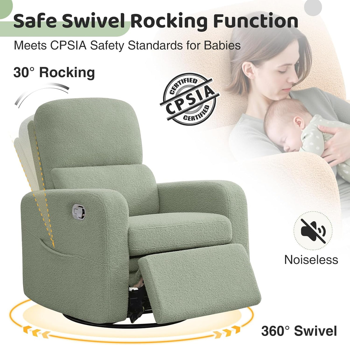 Swivel Rocker Recliner, Oversized Manual Nursery Glider Rocking Recliner Chair with Removable Cushion, Upholstered Corduroy Swivel Reclining Chair for Nursery Living Room Bedroom, Camel