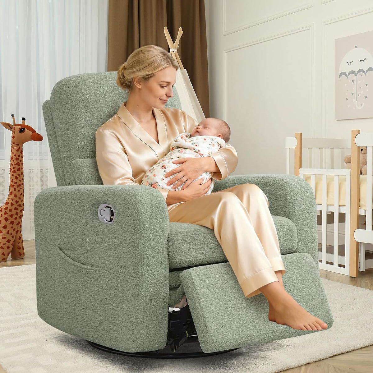 Swivel Rocker Recliner, Oversized Manual Nursery Glider Rocking Recliner Chair with Removable Cushion, Upholstered Corduroy Swivel Reclining Chair for Nursery Living Room Bedroom, Camel