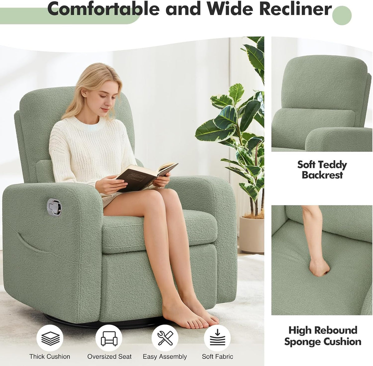 Swivel Rocker Recliner, Oversized Manual Nursery Glider Rocking Recliner Chair with Removable Cushion, Upholstered Corduroy Swivel Reclining Chair for Nursery Living Room Bedroom, Camel