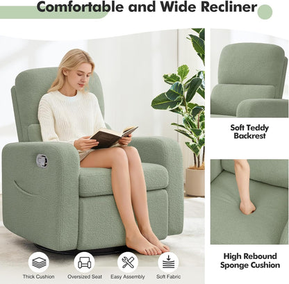 Swivel Rocker Recliner, Oversized Manual Nursery Glider Rocking Recliner Chair with Removable Cushion, Upholstered Corduroy Swivel Reclining Chair for Nursery Living Room Bedroom, Camel