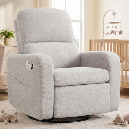 Swivel Rocker Recliner, Oversized Manual Nursery Glider Rocking Recliner Chair with Removable Cushion, Upholstered Corduroy Swivel Reclining Chair for Nursery Living Room Bedroom, Camel