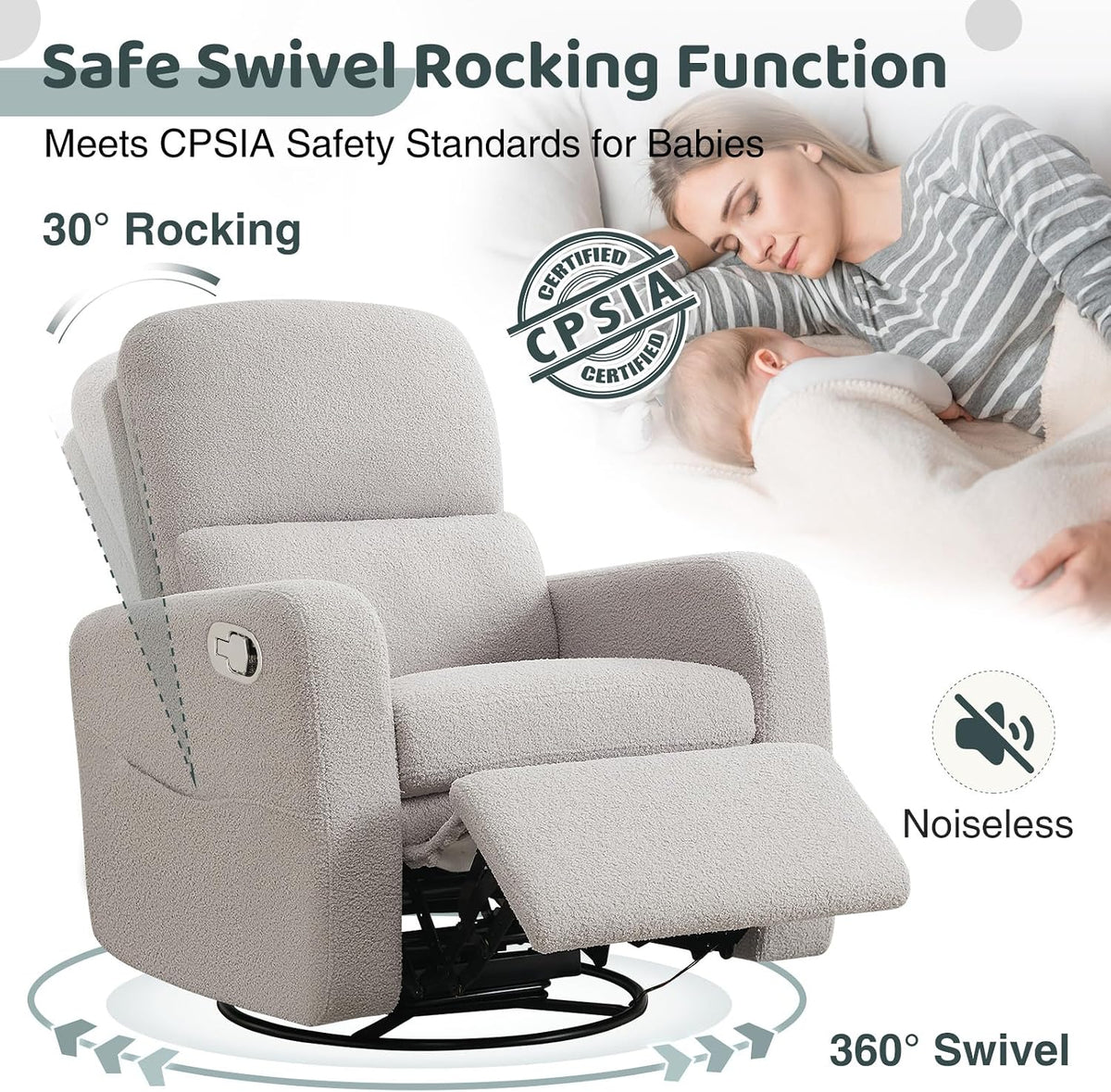 Swivel Rocker Recliner, Oversized Manual Nursery Glider Rocking Recliner Chair with Removable Cushion, Upholstered Corduroy Swivel Reclining Chair for Nursery Living Room Bedroom, Camel