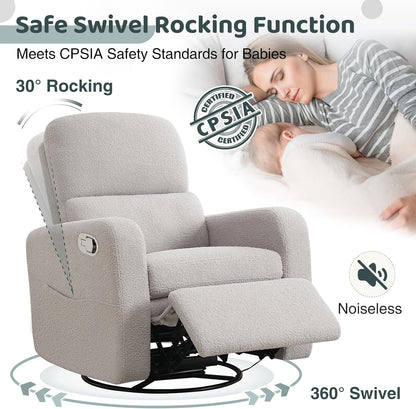 Swivel Rocker Recliner, Oversized Manual Nursery Glider Rocking Recliner Chair with Removable Cushion, Upholstered Corduroy Swivel Reclining Chair for Nursery Living Room Bedroom, Camel