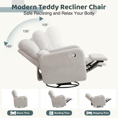 Swivel Rocker Recliner, Oversized Manual Nursery Glider Rocking Recliner Chair with Removable Cushion, Upholstered Corduroy Swivel Reclining Chair for Nursery Living Room Bedroom, Camel