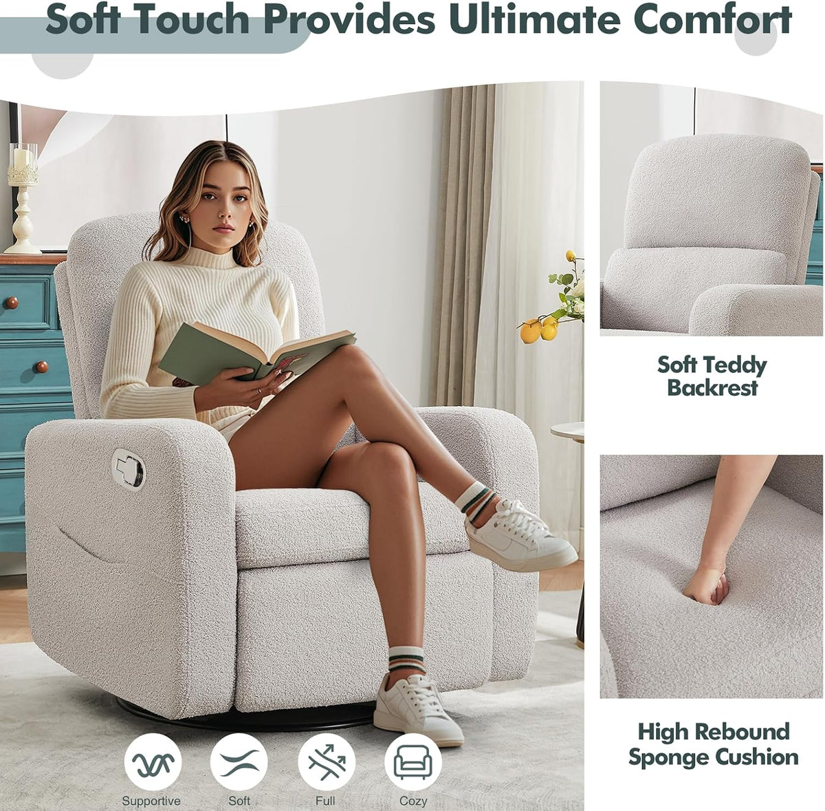 Swivel Rocker Recliner, Oversized Manual Nursery Glider Rocking Recliner Chair with Removable Cushion, Upholstered Corduroy Swivel Reclining Chair for Nursery Living Room Bedroom, Camel