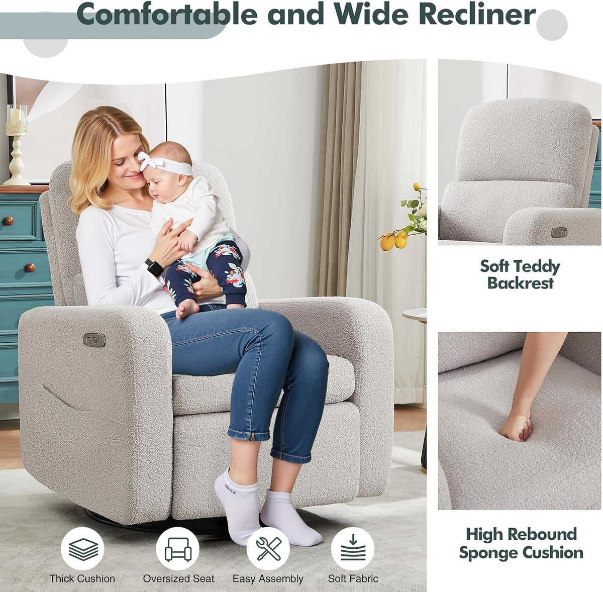 Swivel Rocker Recliner, Oversized Manual Nursery Glider Rocking Recliner Chair with Removable Cushion, Upholstered Corduroy Swivel Reclining Chair for Nursery Living Room Bedroom, Camel