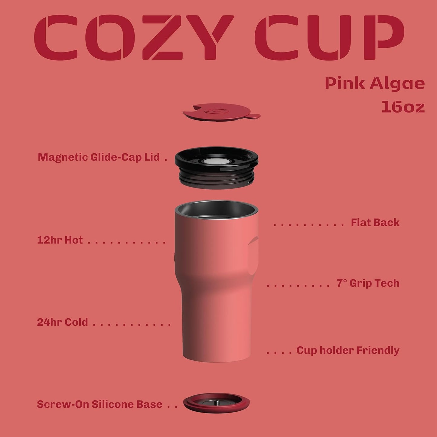16oz Stainless Steel Tumbler Water Bottle - Spill-Proof Screw-On Lid, Insulated, Straw Compatible, BPA-Free - 12hr Hot/24hr Cold, Fits Cup Holders - Pink Algae