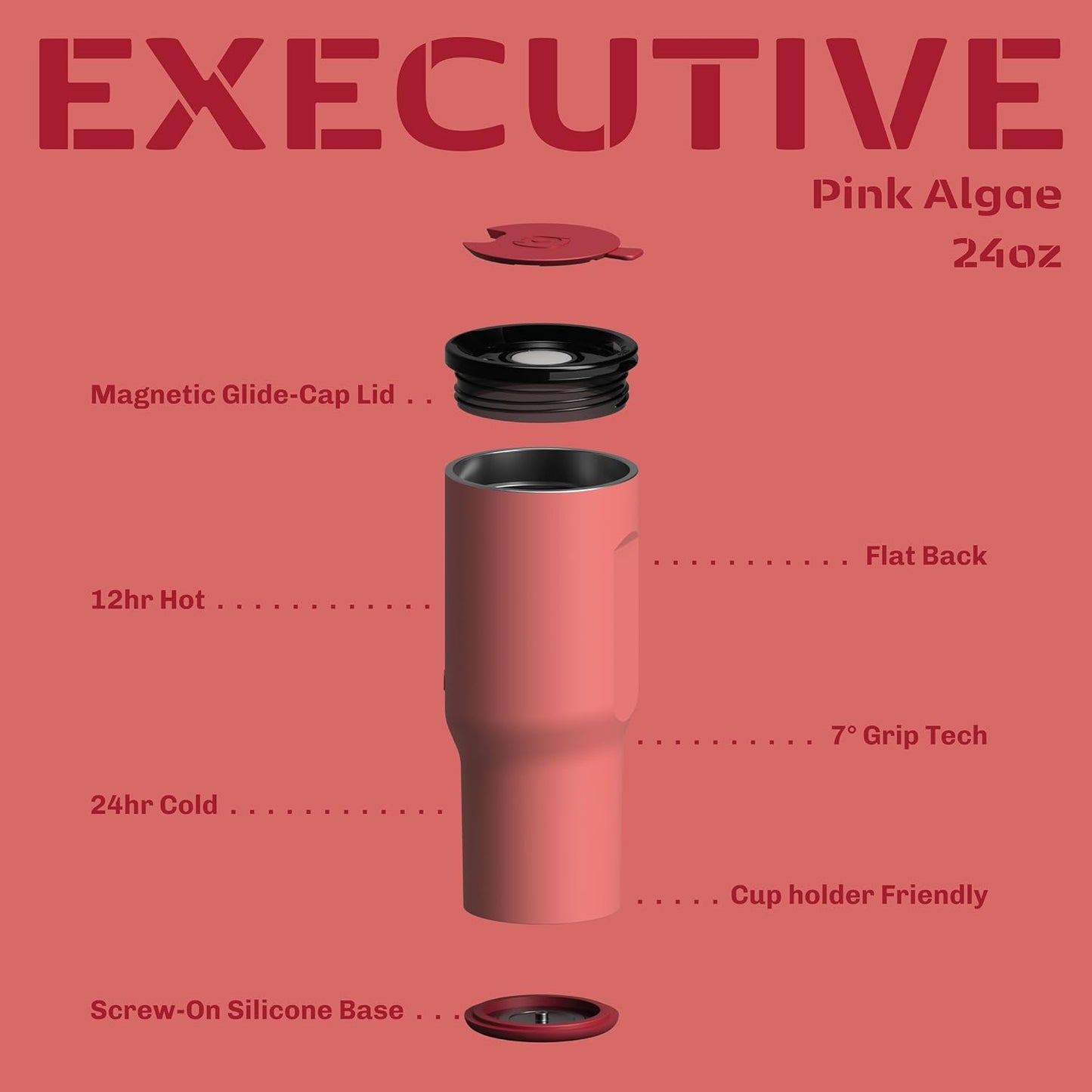 16oz Stainless Steel Tumbler Water Bottle - Spill-Proof Screw-On Lid, Insulated, Straw Compatible, BPA-Free - 12hr Hot/24hr Cold, Fits Cup Holders - Pink Algae