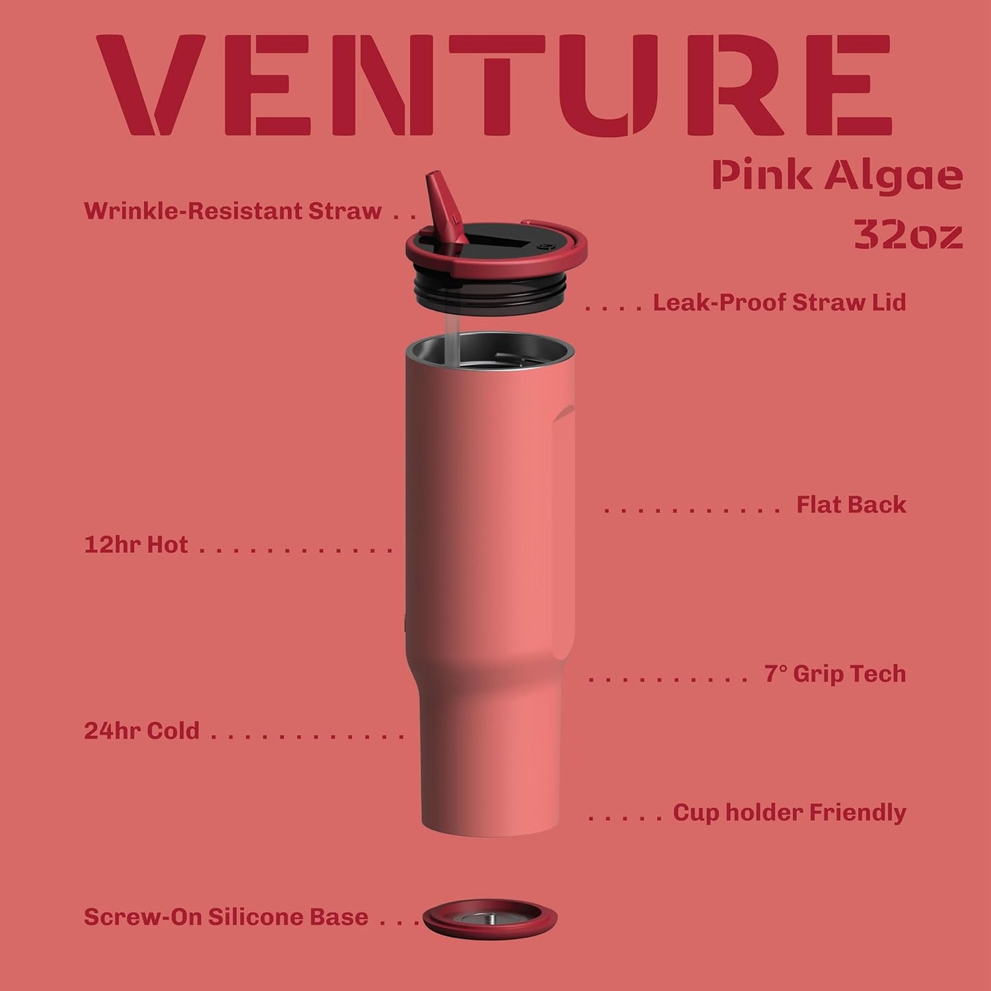 16oz Stainless Steel Tumbler Water Bottle - Spill-Proof Screw-On Lid, Insulated, Straw Compatible, BPA-Free - 12hr Hot/24hr Cold, Fits Cup Holders - Pink Algae