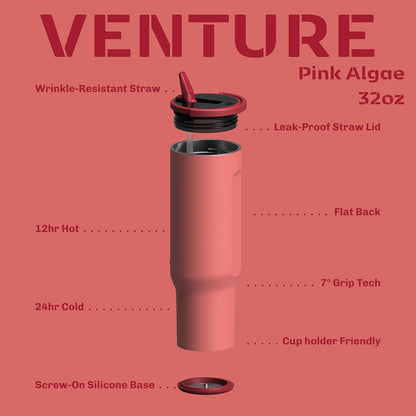 16oz Stainless Steel Tumbler Water Bottle - Spill-Proof Screw-On Lid, Insulated, Straw Compatible, BPA-Free - 12hr Hot/24hr Cold, Fits Cup Holders - Pink Algae