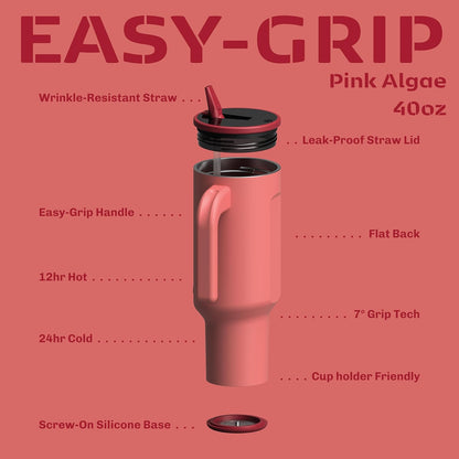 16oz Stainless Steel Tumbler Water Bottle - Spill-Proof Screw-On Lid, Insulated, Straw Compatible, BPA-Free - 12hr Hot/24hr Cold, Fits Cup Holders - Pink Algae