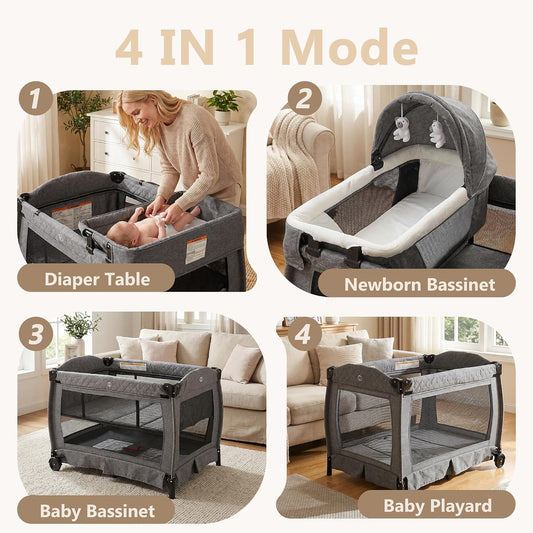 4 in 1 Pack and Play w/Bassinet, Baby Playard, Light Gray