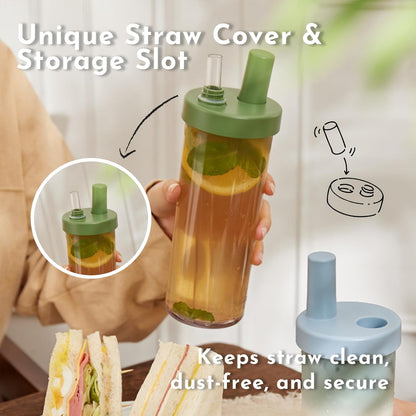 Clear Tumbler with Two Straws, Leak proof, 24 oz, Yellow | Ecozen, BPA-free Lightweight Body, Straw Dust Cap, Storage Slot, 7.5cm Wide Mouth, Brush; for Boba, Iced Coffee, Smoothies