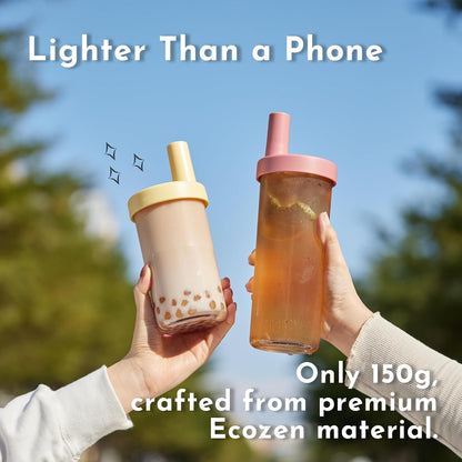 Clear Tumbler with Two Straws, Leak proof, 24 oz, Yellow | Ecozen, BPA-free Lightweight Body, Straw Dust Cap, Storage Slot, 7.5cm Wide Mouth, Brush; for Boba, Iced Coffee, Smoothies