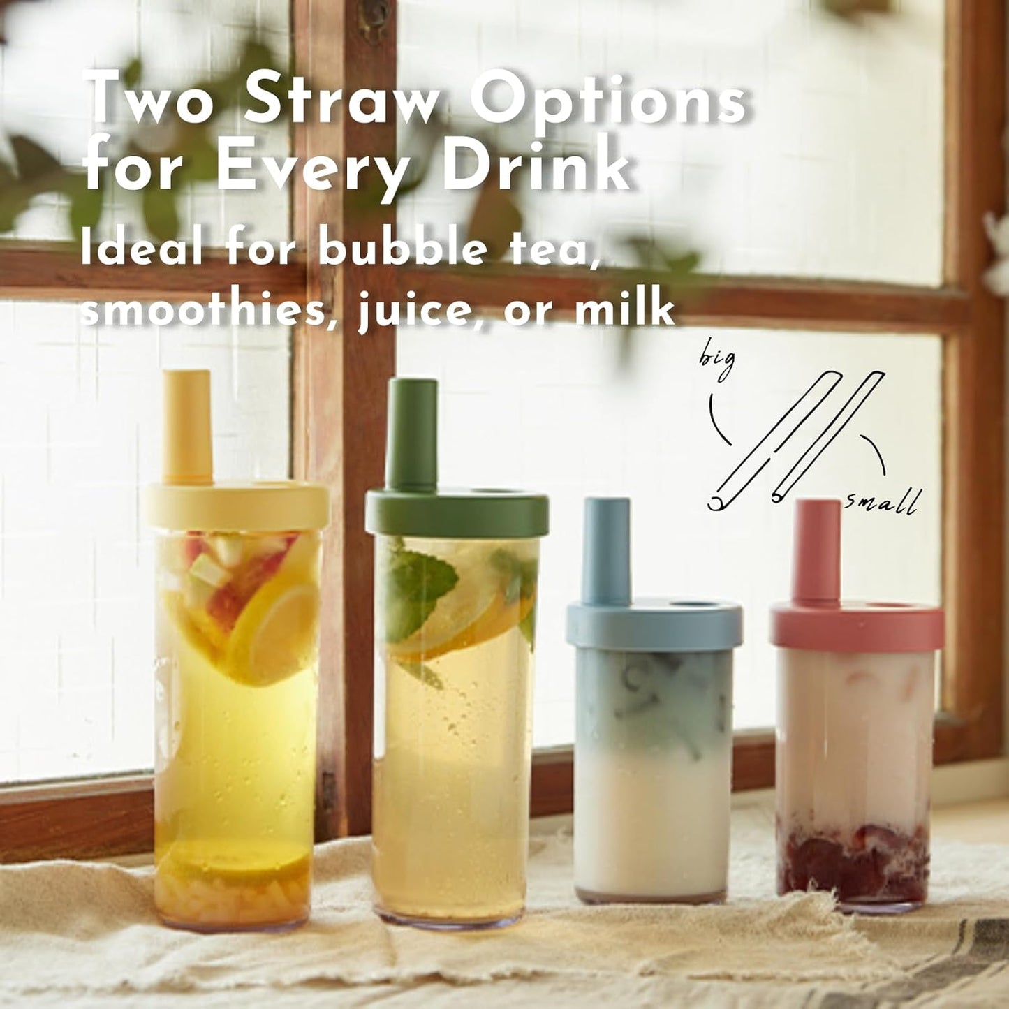 Clear Tumbler with Two Straws, Leak proof, 24 oz, Yellow | Ecozen, BPA-free Lightweight Body, Straw Dust Cap, Storage Slot, 7.5cm Wide Mouth, Brush; for Boba, Iced Coffee, Smoothies