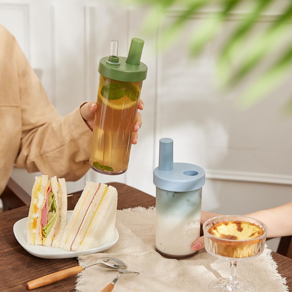 Clear Tumbler with Two Straws, Leak proof, 24 oz, Yellow | Ecozen, BPA-free Lightweight Body, Straw Dust Cap, Storage Slot, 7.5cm Wide Mouth, Brush; for Boba, Iced Coffee, Smoothies