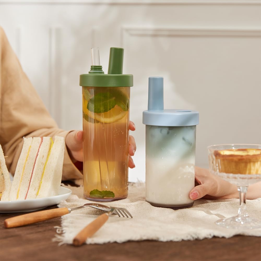 Clear Tumbler with Two Straws, Leak proof, 24 oz, Yellow | Ecozen, BPA-free Lightweight Body, Straw Dust Cap, Storage Slot, 7.5cm Wide Mouth, Brush; for Boba, Iced Coffee, Smoothies