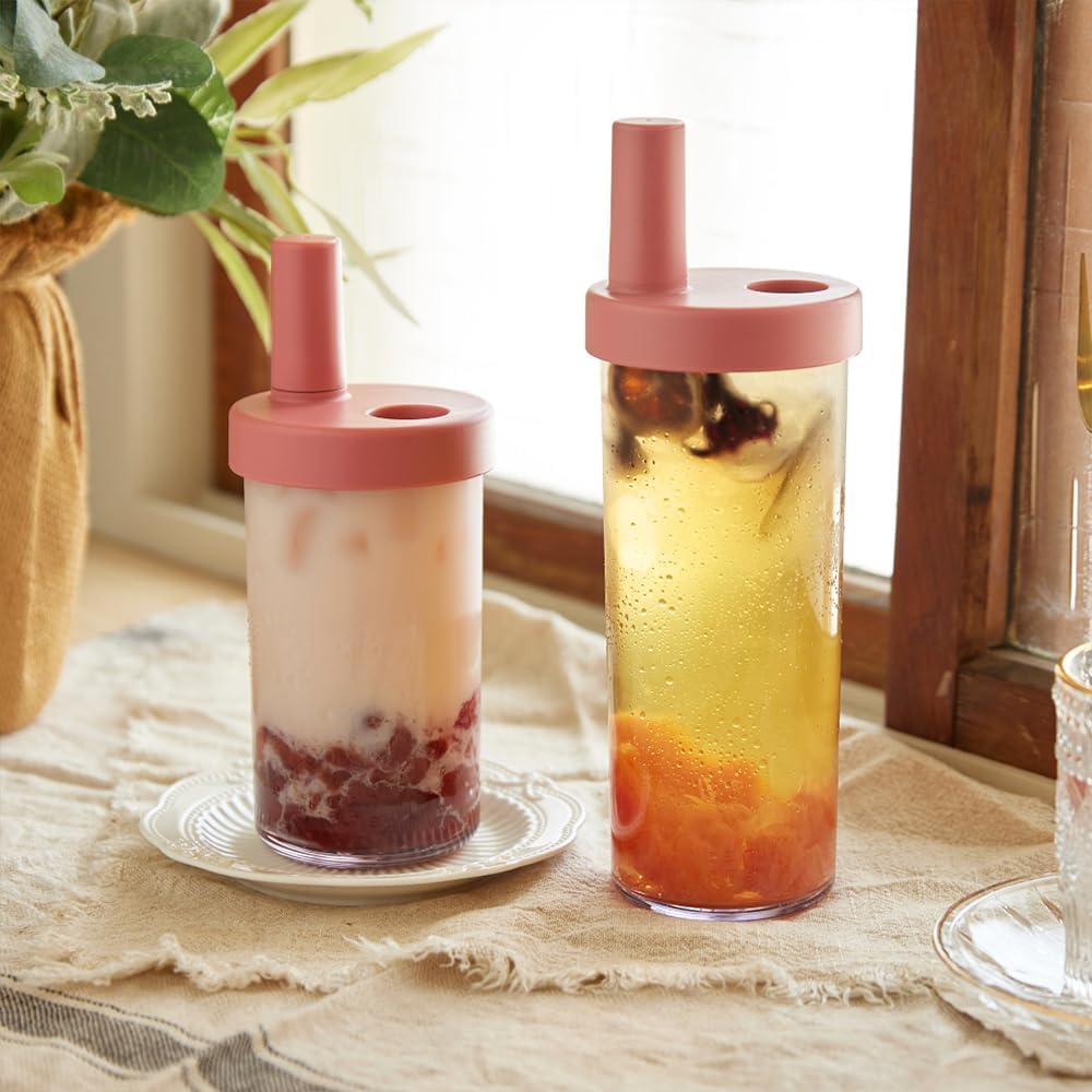 Clear Tumbler with Two Straws, Leak proof, 24 oz, Yellow | Ecozen, BPA-free Lightweight Body, Straw Dust Cap, Storage Slot, 7.5cm Wide Mouth, Brush; for Boba, Iced Coffee, Smoothies