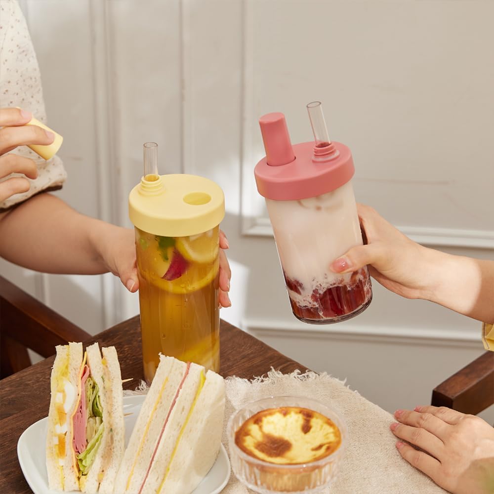 Clear Tumbler with Two Straws, Leak proof, 24 oz, Yellow | Ecozen, BPA-free Lightweight Body, Straw Dust Cap, Storage Slot, 7.5cm Wide Mouth, Brush; for Boba, Iced Coffee, Smoothies