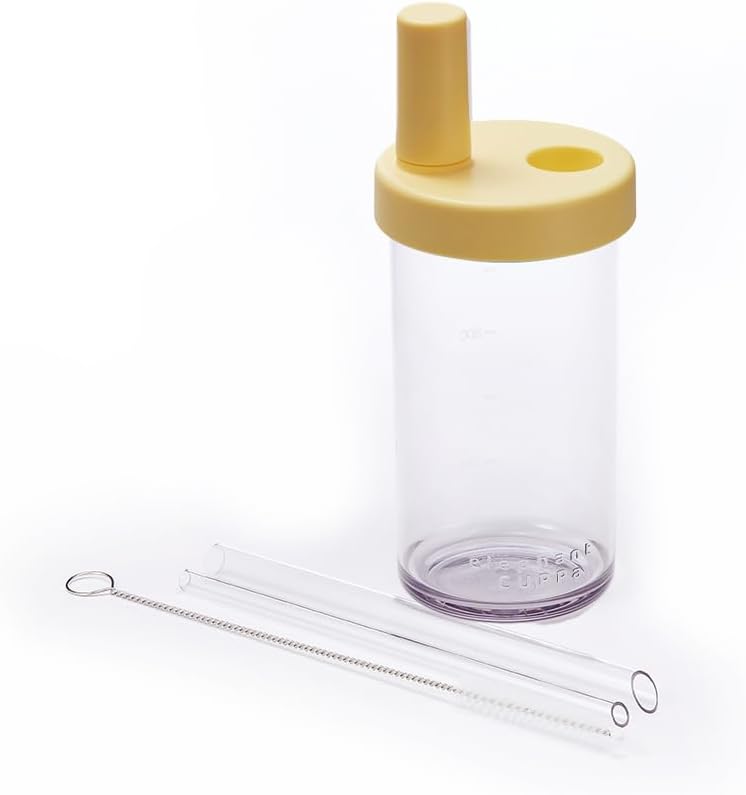 Clear Tumbler with Two Straws, Leak proof, 24 oz, Yellow | Ecozen, BPA-free Lightweight Body, Straw Dust Cap, Storage Slot, 7.5cm Wide Mouth, Brush; for Boba, Iced Coffee, Smoothies