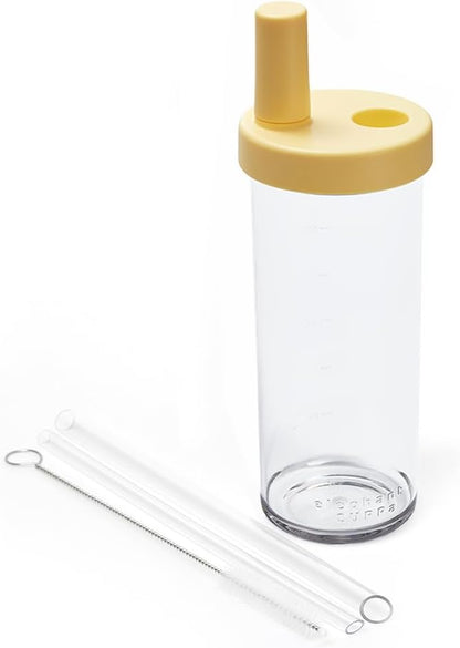 Clear Tumbler with Two Straws, Leak proof, 24 oz, Yellow | Ecozen, BPA-free Lightweight Body, Straw Dust Cap, Storage Slot, 7.5cm Wide Mouth, Brush; for Boba, Iced Coffee, Smoothies