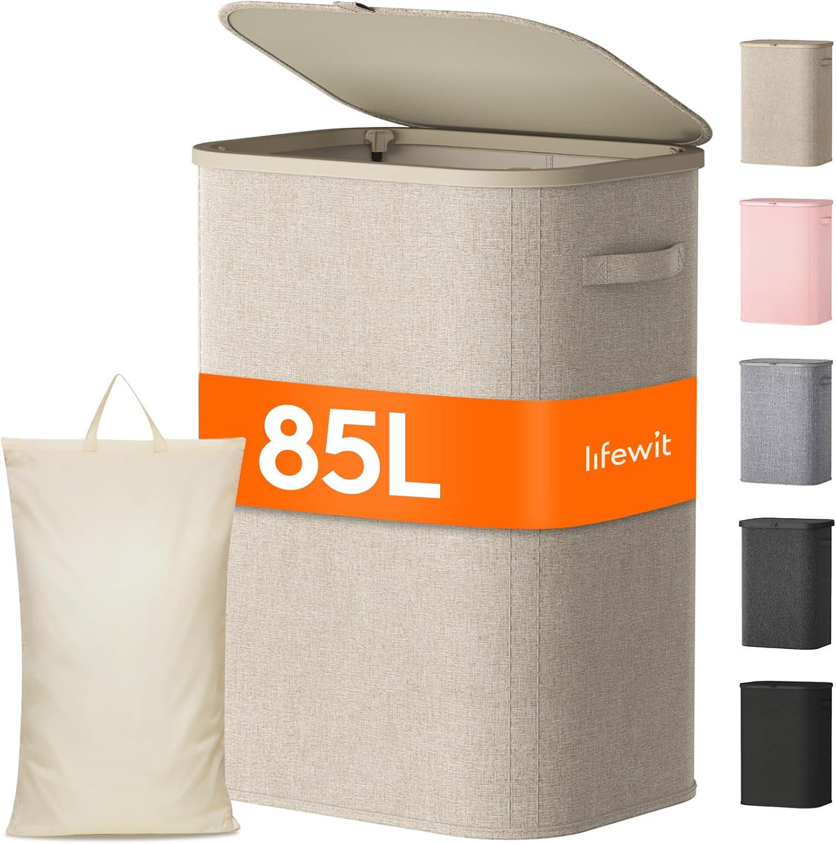 105L Large Laundry Basket with Lid, Laundry Hamper with Plastic Handles and Removable Bag, Foldable Tall Dirty Clothes Hampers for Laundry for Laundry Room, Bedroom, Bathroom, Dorm, Beige