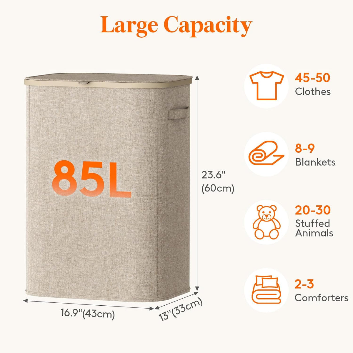 105L Large Laundry Basket with Lid, Laundry Hamper with Plastic Handles and Removable Bag, Foldable Tall Dirty Clothes Hampers for Laundry for Laundry Room, Bedroom, Bathroom, Dorm, Beige