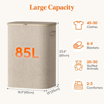 105L Large Laundry Basket with Lid, Laundry Hamper with Plastic Handles and Removable Bag, Foldable Tall Dirty Clothes Hampers for Laundry for Laundry Room, Bedroom, Bathroom, Dorm, Beige
