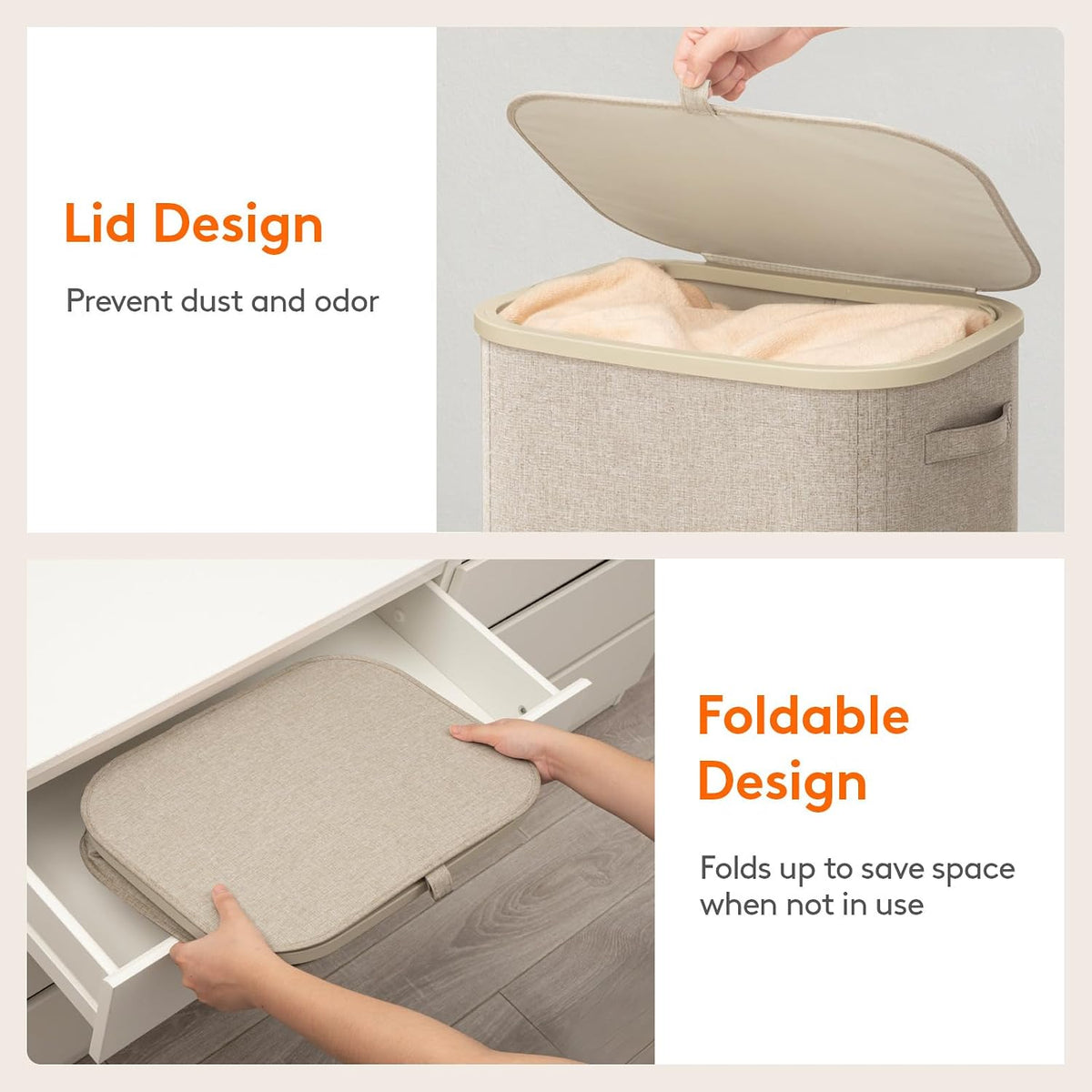 105L Large Laundry Basket with Lid, Laundry Hamper with Plastic Handles and Removable Bag, Foldable Tall Dirty Clothes Hampers for Laundry for Laundry Room, Bedroom, Bathroom, Dorm, Beige