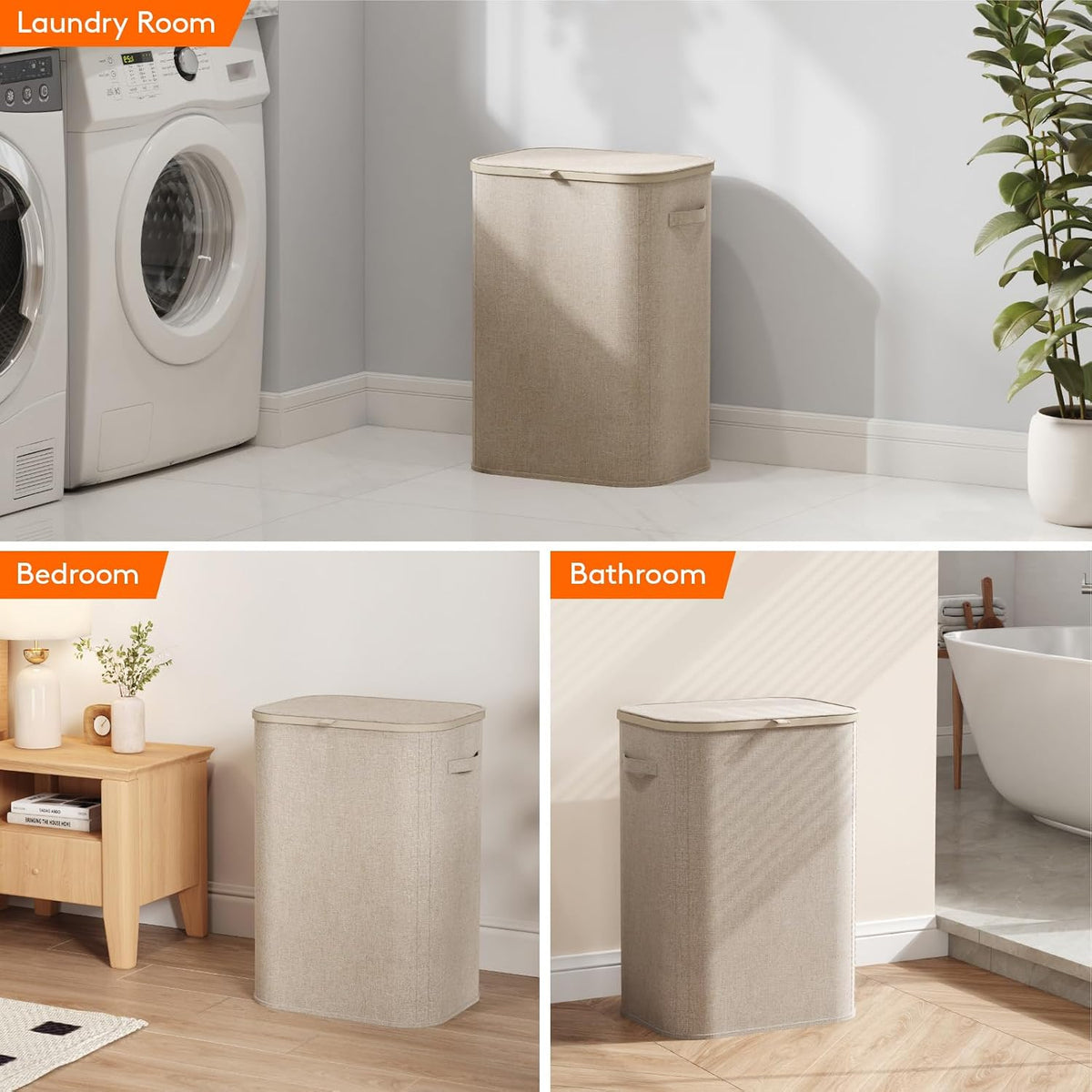 105L Large Laundry Basket with Lid, Laundry Hamper with Plastic Handles and Removable Bag, Foldable Tall Dirty Clothes Hampers for Laundry for Laundry Room, Bedroom, Bathroom, Dorm, Beige