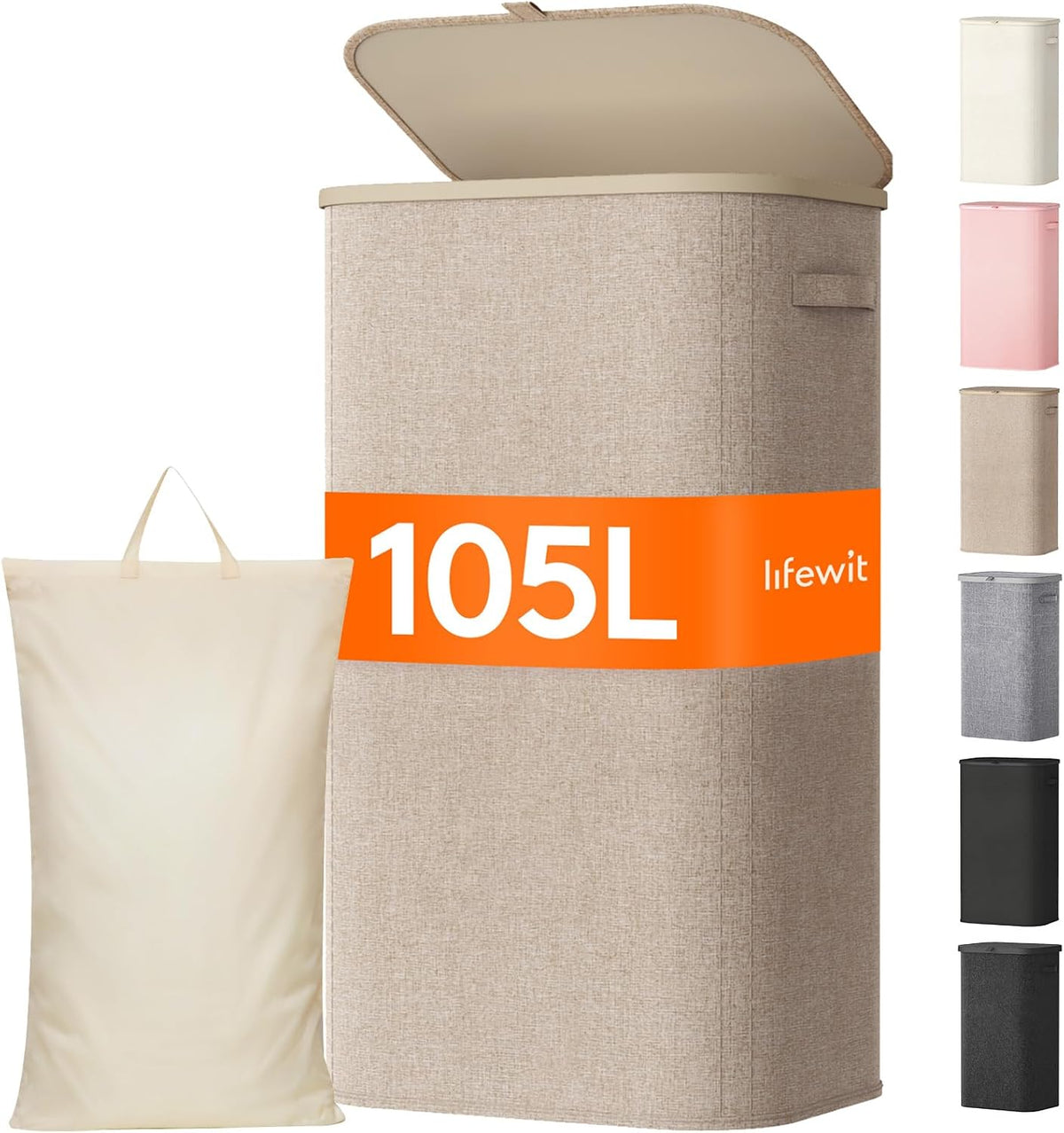 105L Large Laundry Basket with Lid, Laundry Hamper with Plastic Handles and Removable Bag, Foldable Tall Dirty Clothes Hampers for Laundry for Laundry Room, Bedroom, Bathroom, Dorm, Beige