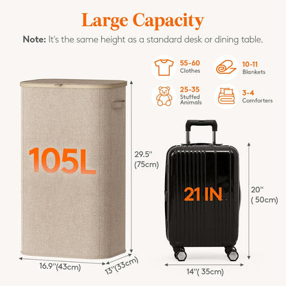 105L Large Laundry Basket with Lid, Laundry Hamper with Plastic Handles and Removable Bag, Foldable Tall Dirty Clothes Hampers for Laundry for Laundry Room, Bedroom, Bathroom, Dorm, Beige