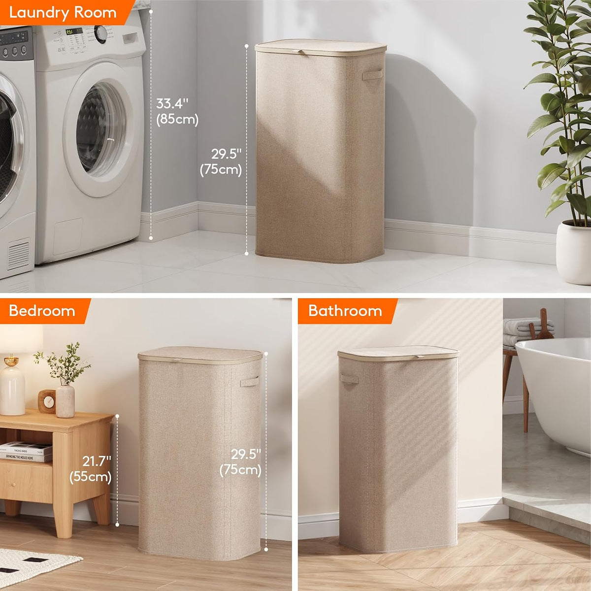 105L Large Laundry Basket with Lid, Laundry Hamper with Plastic Handles and Removable Bag, Foldable Tall Dirty Clothes Hampers for Laundry for Laundry Room, Bedroom, Bathroom, Dorm, Beige