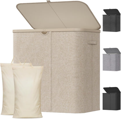 105L Large Laundry Basket with Lid, Laundry Hamper with Plastic Handles and Removable Bag, Foldable Tall Dirty Clothes Hampers for Laundry for Laundry Room, Bedroom, Bathroom, Dorm, Beige