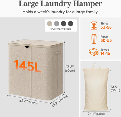 105L Large Laundry Basket with Lid, Laundry Hamper with Plastic Handles and Removable Bag, Foldable Tall Dirty Clothes Hampers for Laundry for Laundry Room, Bedroom, Bathroom, Dorm, Beige