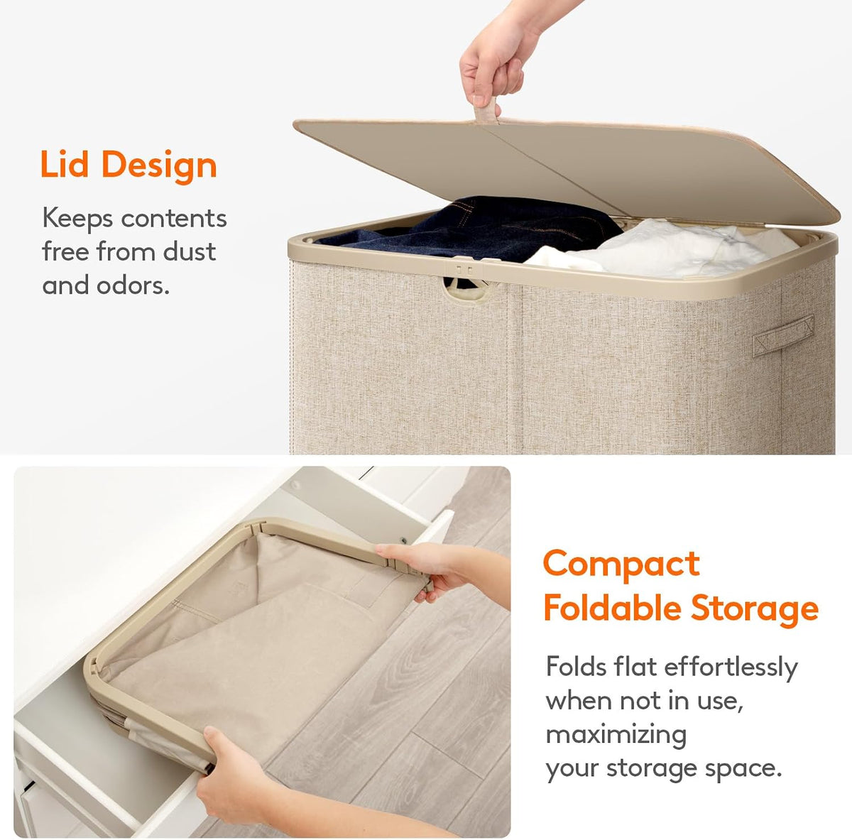 105L Large Laundry Basket with Lid, Laundry Hamper with Plastic Handles and Removable Bag, Foldable Tall Dirty Clothes Hampers for Laundry for Laundry Room, Bedroom, Bathroom, Dorm, Beige