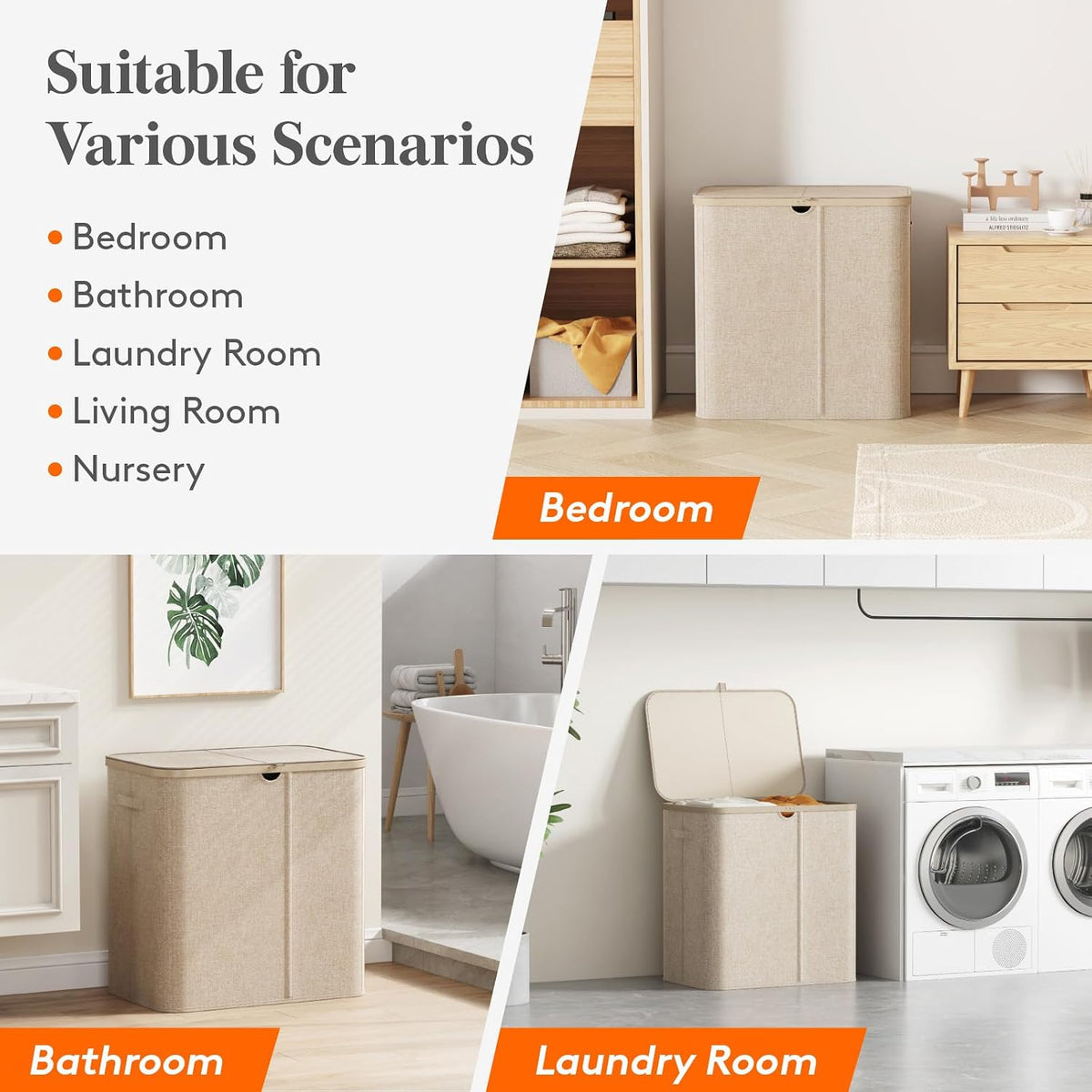 105L Large Laundry Basket with Lid, Laundry Hamper with Plastic Handles and Removable Bag, Foldable Tall Dirty Clothes Hampers for Laundry for Laundry Room, Bedroom, Bathroom, Dorm, Beige