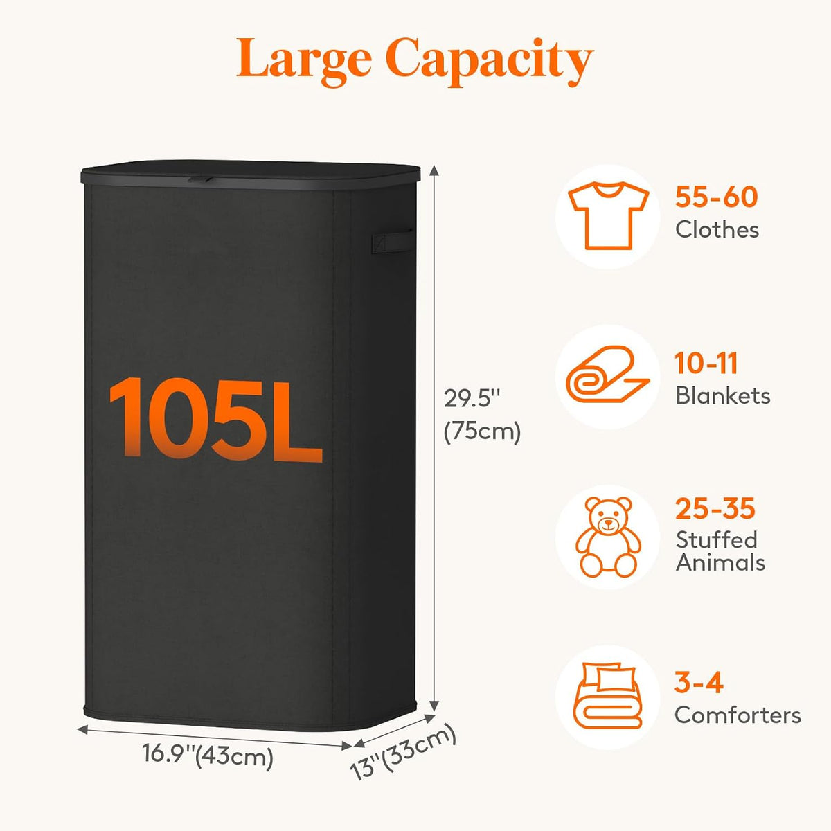 105L Large Laundry Basket with Lid, Laundry Hamper with Plastic Handles and Removable Bag, Foldable Tall Dirty Clothes Hampers for Laundry for Laundry Room, Bedroom, Bathroom, Dorm, Beige