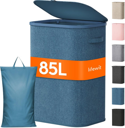 105L Large Laundry Basket with Lid, Laundry Hamper with Plastic Handles and Removable Bag, Foldable Tall Dirty Clothes Hampers for Laundry for Laundry Room, Bedroom, Bathroom, Dorm, Beige