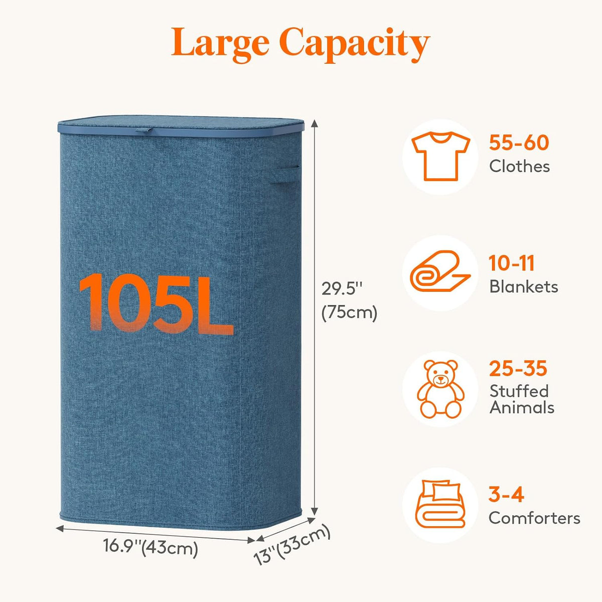 105L Large Laundry Basket with Lid, Laundry Hamper with Plastic Handles and Removable Bag, Foldable Tall Dirty Clothes Hampers for Laundry for Laundry Room, Bedroom, Bathroom, Dorm, Beige