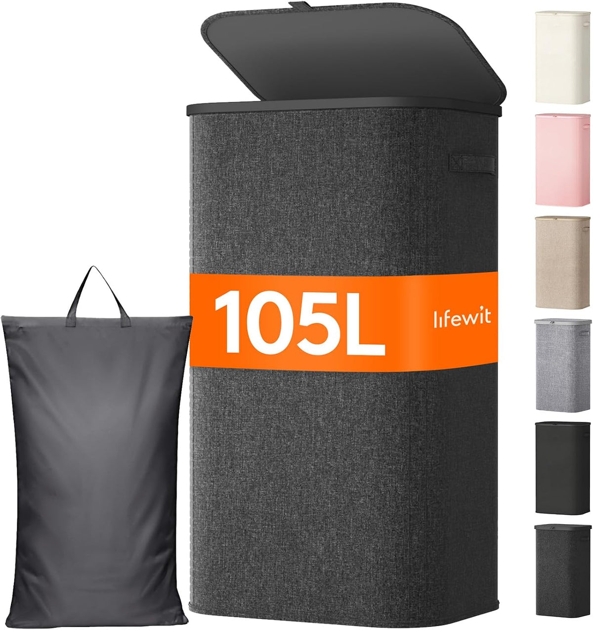 105L Large Laundry Basket with Lid, Laundry Hamper with Plastic Handles and Removable Bag, Foldable Tall Dirty Clothes Hampers for Laundry for Laundry Room, Bedroom, Bathroom, Dorm, Beige
