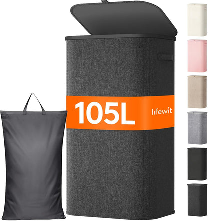 105L Large Laundry Basket with Lid, Laundry Hamper with Plastic Handles and Removable Bag, Foldable Tall Dirty Clothes Hampers for Laundry for Laundry Room, Bedroom, Bathroom, Dorm, Beige