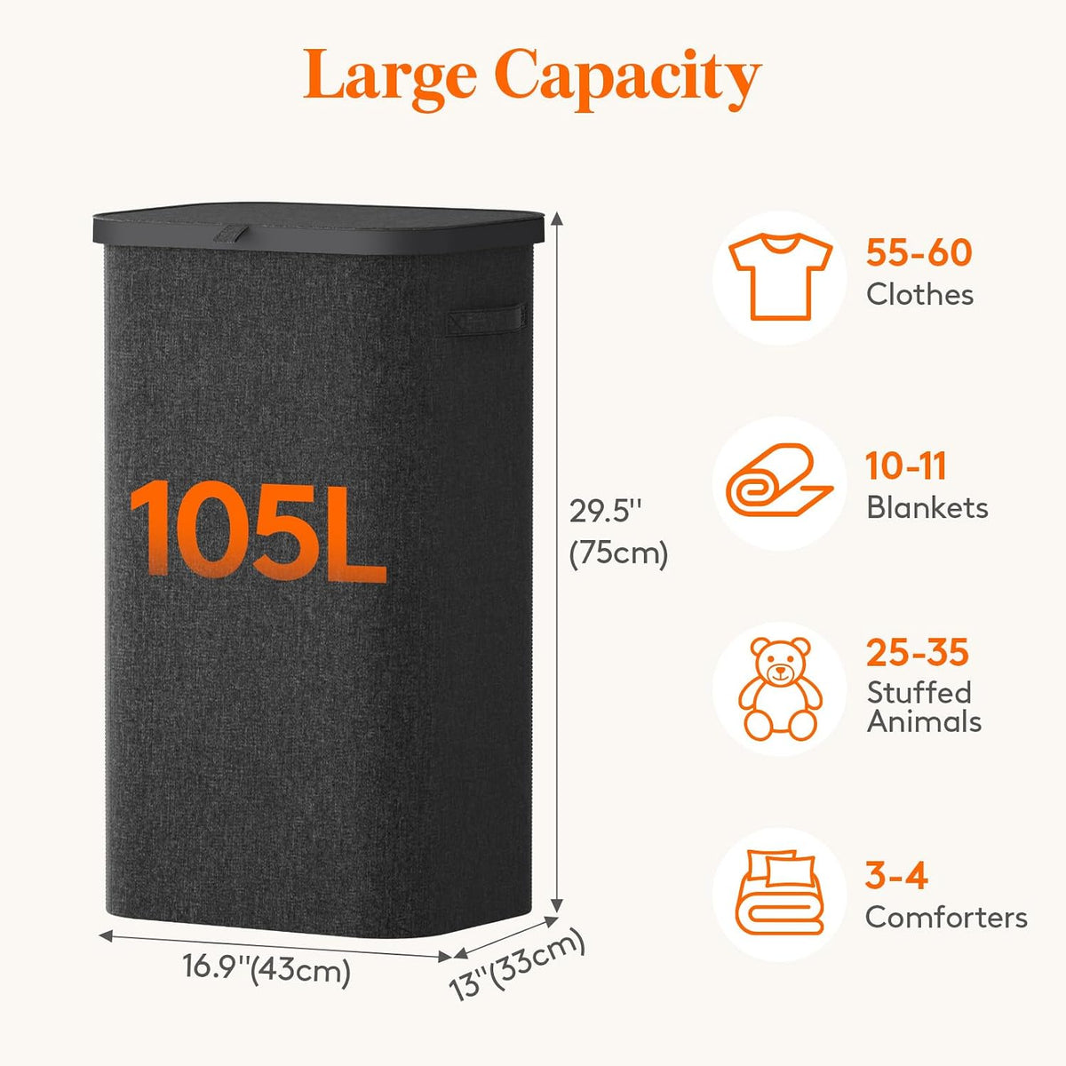 105L Large Laundry Basket with Lid, Laundry Hamper with Plastic Handles and Removable Bag, Foldable Tall Dirty Clothes Hampers for Laundry for Laundry Room, Bedroom, Bathroom, Dorm, Beige