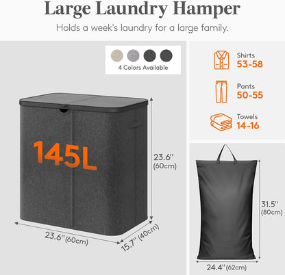 105L Large Laundry Basket with Lid, Laundry Hamper with Plastic Handles and Removable Bag, Foldable Tall Dirty Clothes Hampers for Laundry for Laundry Room, Bedroom, Bathroom, Dorm, Beige