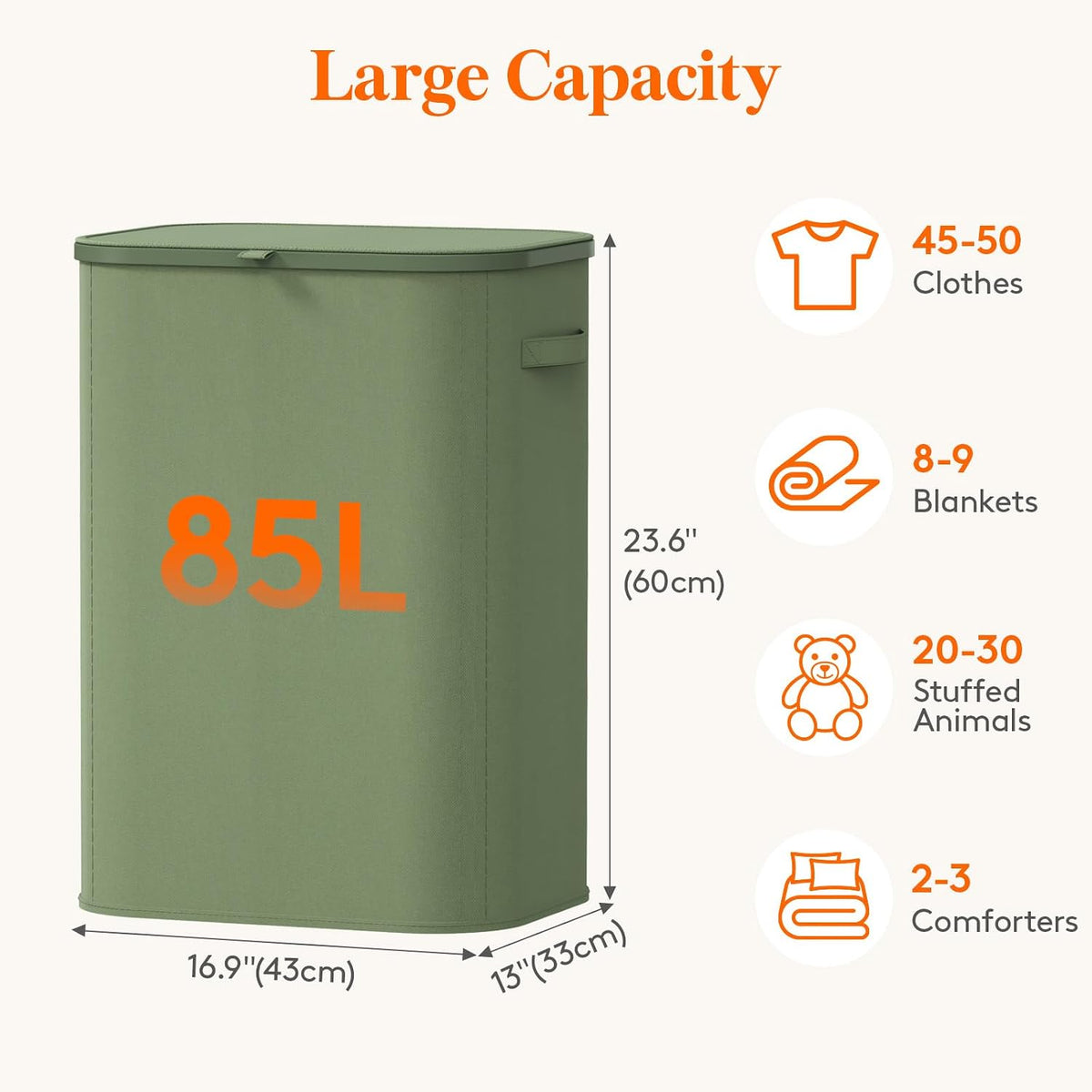 105L Large Laundry Basket with Lid, Laundry Hamper with Plastic Handles and Removable Bag, Foldable Tall Dirty Clothes Hampers for Laundry for Laundry Room, Bedroom, Bathroom, Dorm, Beige