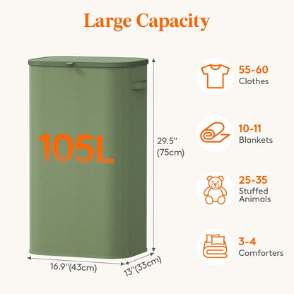 105L Large Laundry Basket with Lid, Laundry Hamper with Plastic Handles and Removable Bag, Foldable Tall Dirty Clothes Hampers for Laundry for Laundry Room, Bedroom, Bathroom, Dorm, Beige