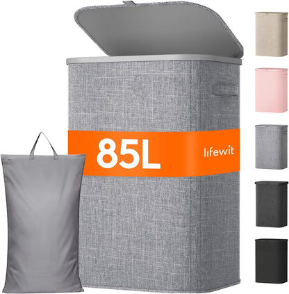 105L Large Laundry Basket with Lid, Laundry Hamper with Plastic Handles and Removable Bag, Foldable Tall Dirty Clothes Hampers for Laundry for Laundry Room, Bedroom, Bathroom, Dorm, Beige
