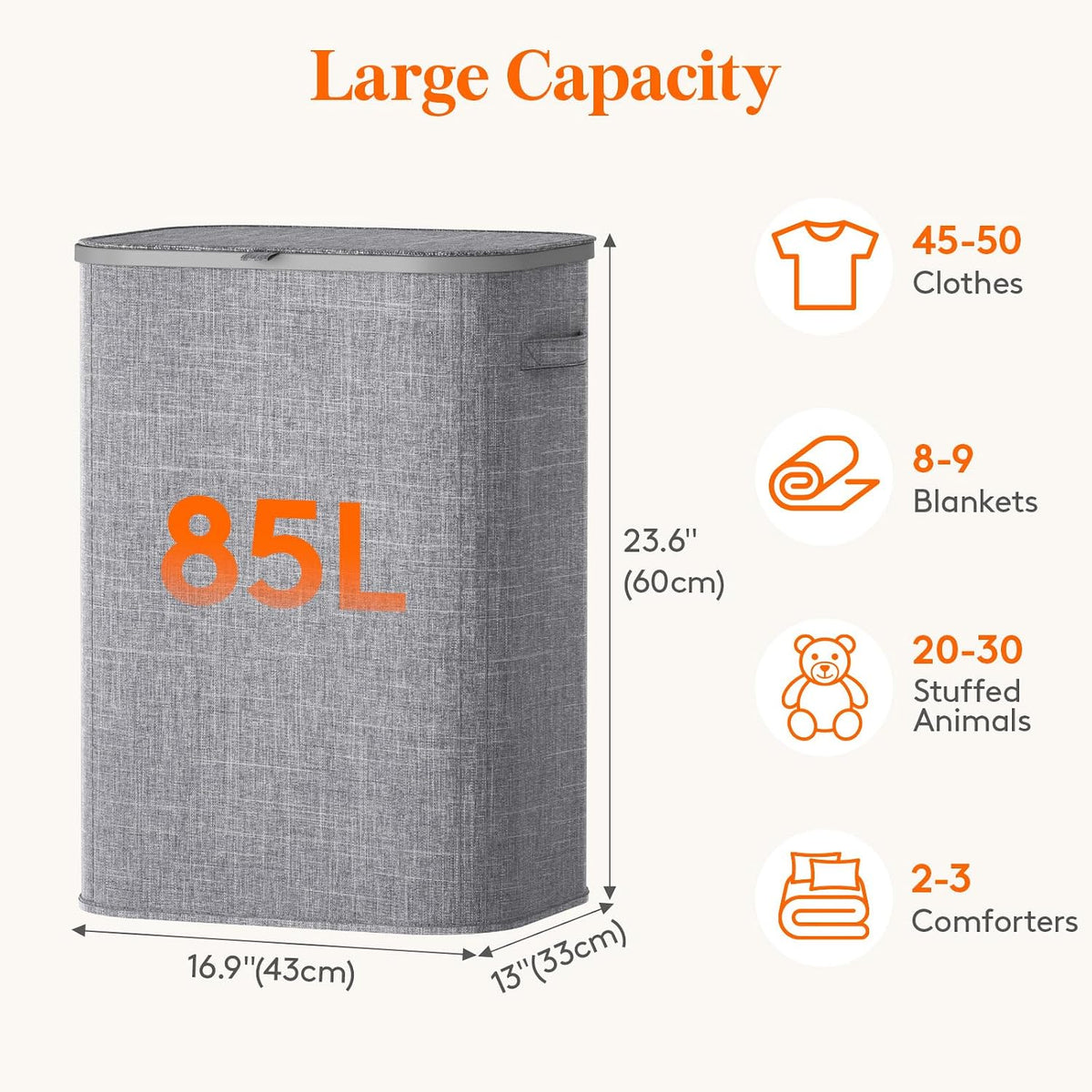 105L Large Laundry Basket with Lid, Laundry Hamper with Plastic Handles and Removable Bag, Foldable Tall Dirty Clothes Hampers for Laundry for Laundry Room, Bedroom, Bathroom, Dorm, Beige