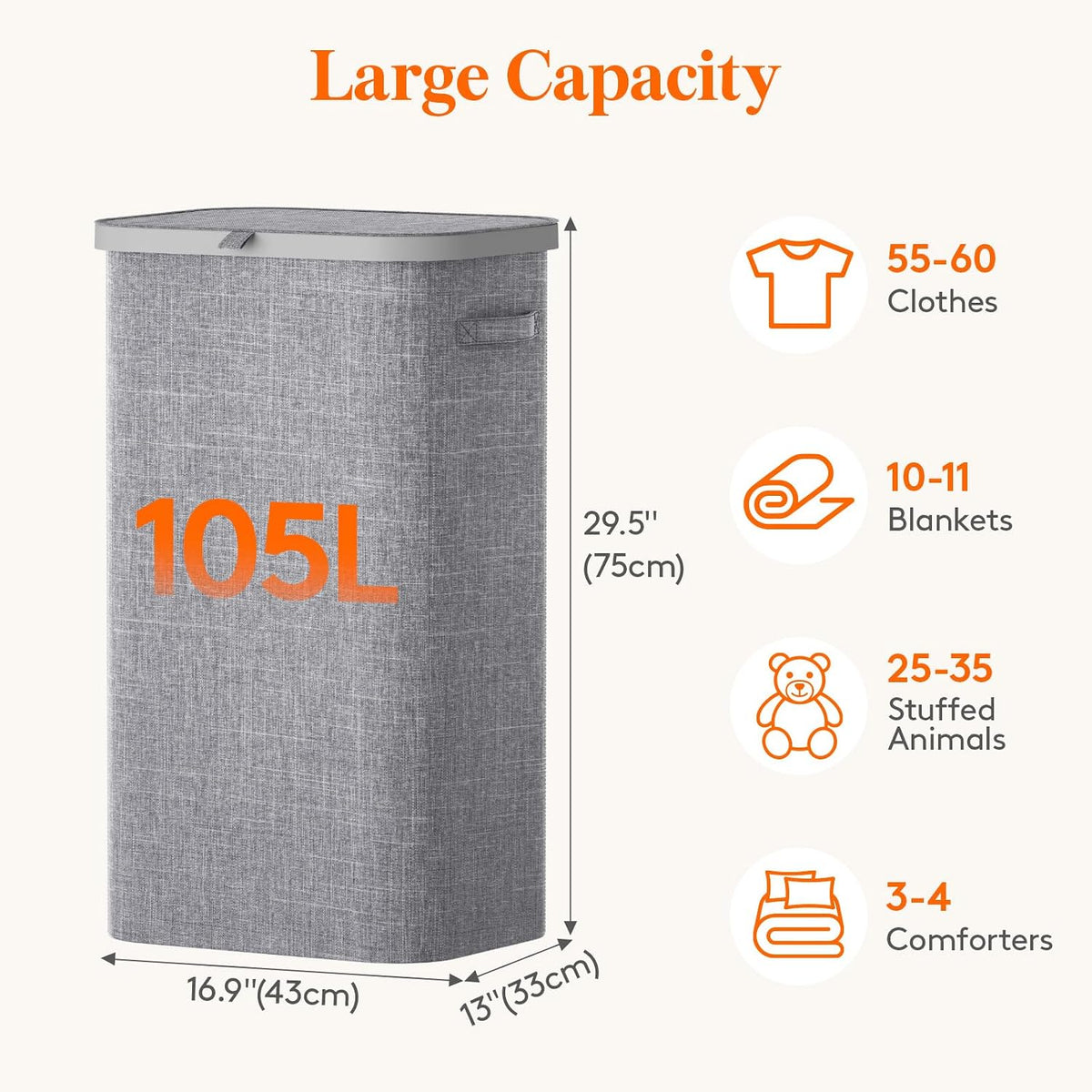 105L Large Laundry Basket with Lid, Laundry Hamper with Plastic Handles and Removable Bag, Foldable Tall Dirty Clothes Hampers for Laundry for Laundry Room, Bedroom, Bathroom, Dorm, Beige